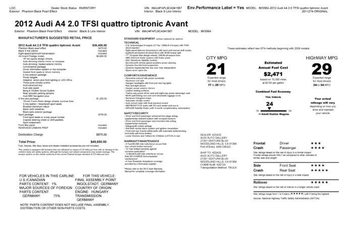 2012 A4 Avant Window Sticker 041567
